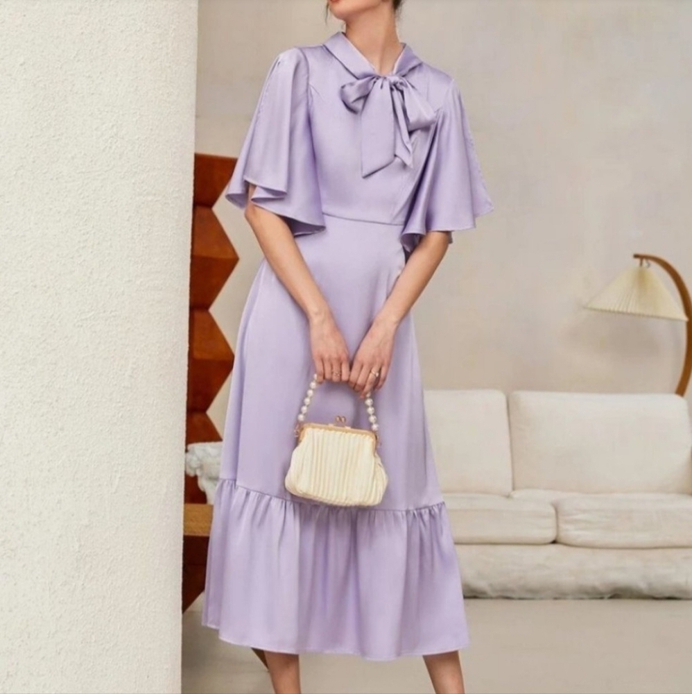 Purple Lavender Chic Modest Flounce Sleeve Ruffle Hem Satin Dress